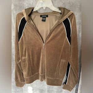 COCOA Womens L Brown Velour Hoodie Full Zip Stripe Sleeve Pockets